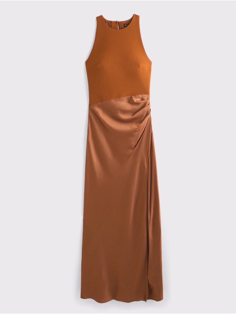 High-Neck Draped Sleeveless Rust Brown Maxi Dress